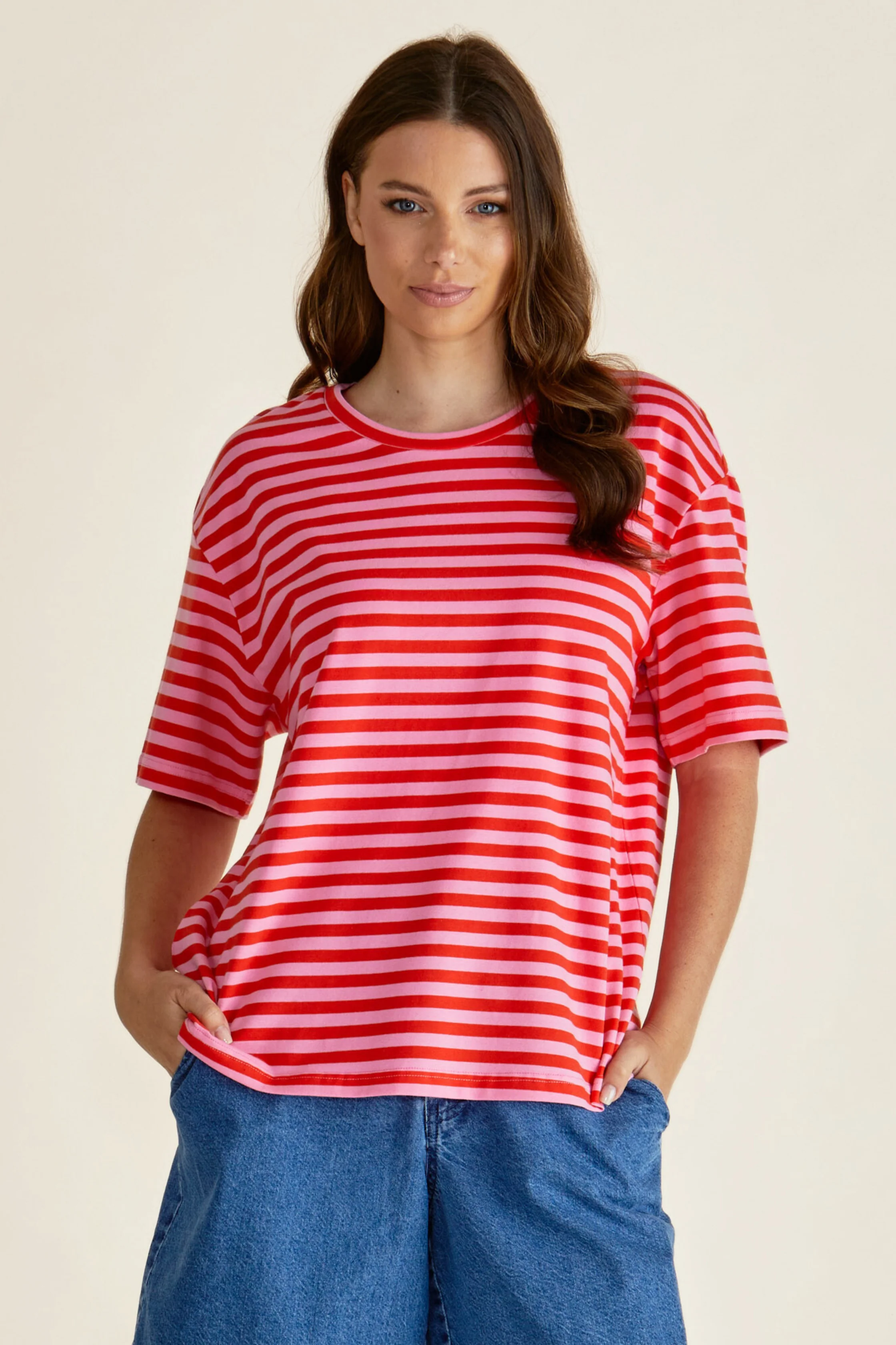 RELAX BOXY TEE - Pink/Red Stripe